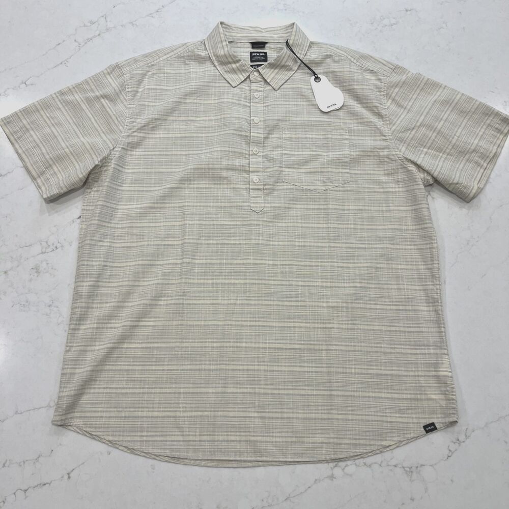 Prana New XXL Groveland Popover Button Shirt Short Sleeve Organic‎ Chalk Stripe